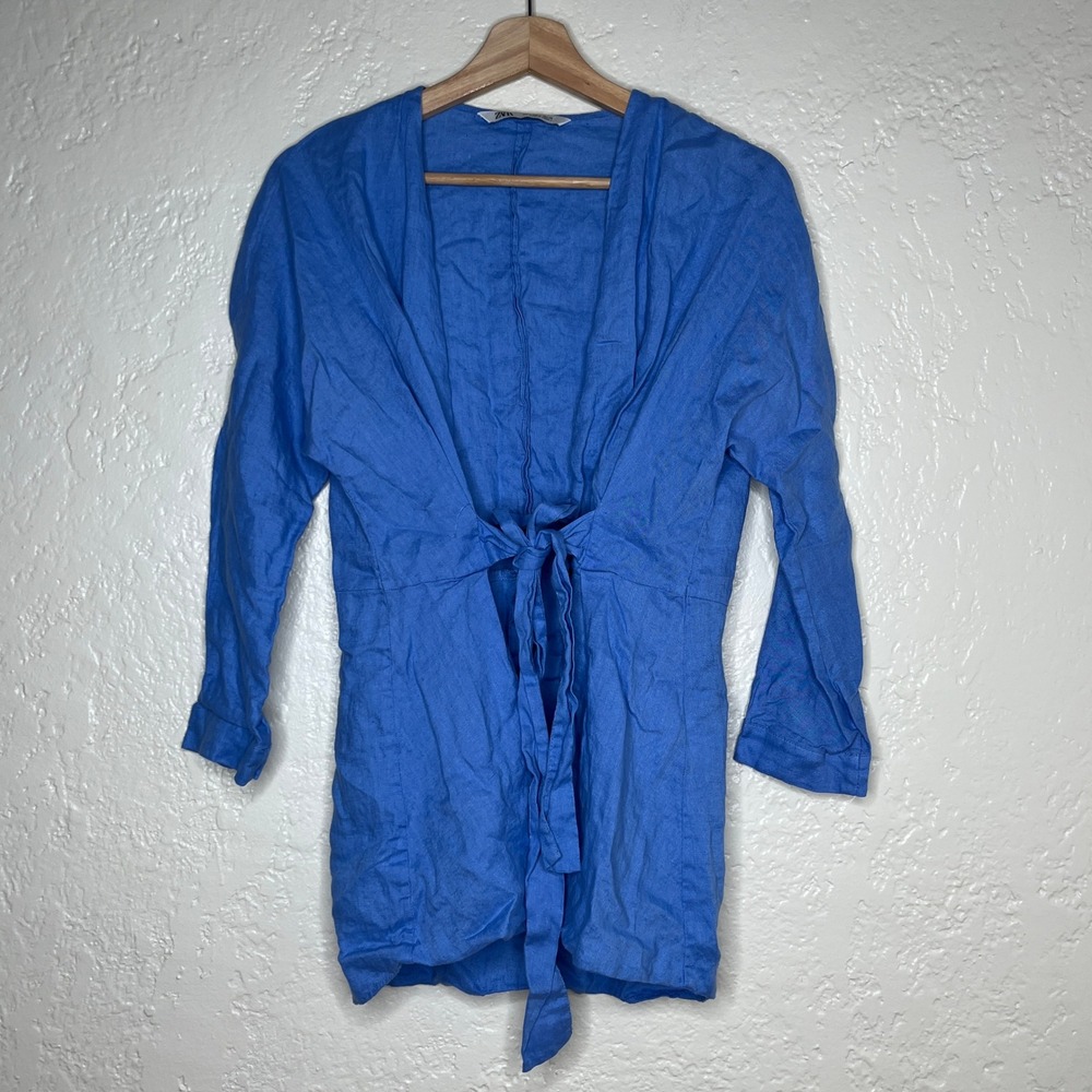 Zara Women Blue 100% Linen Tie Front Blazer Jacket V-Neck Long Sleeve Size Small